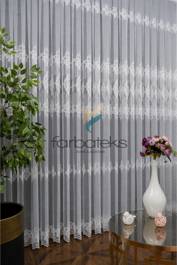 Damask Row Embroidered Intermediate Patterned Embroidery Pattern Design Living Room 1E3 Layer Pleated Tulle Curtain