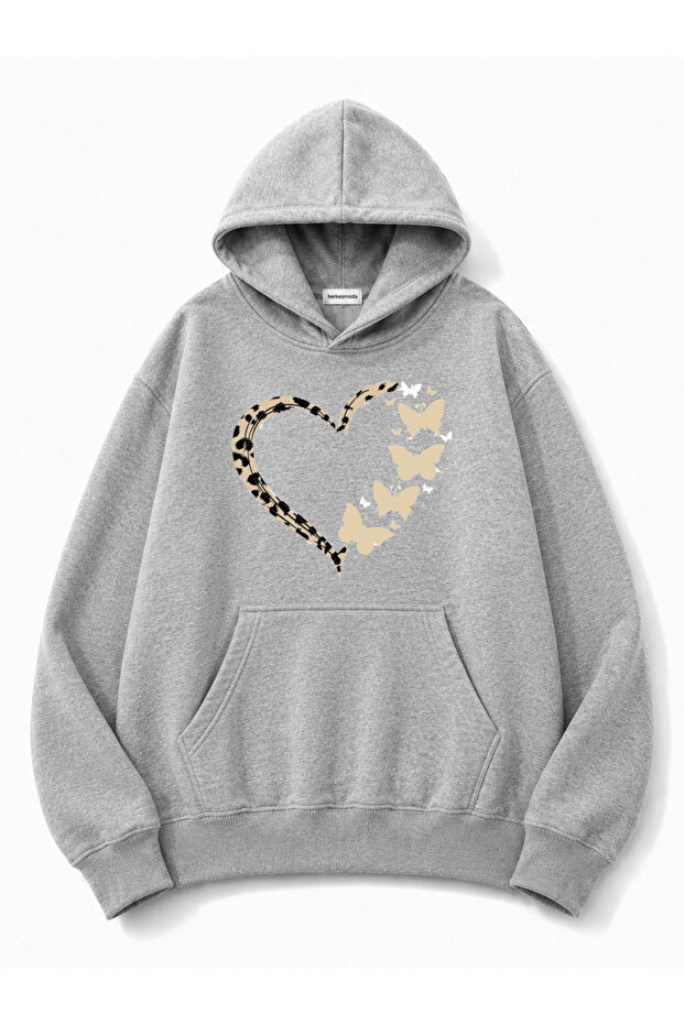 Leopard Effect Heart Printed Hooded 2 Thread Threaded Sweatshirt
