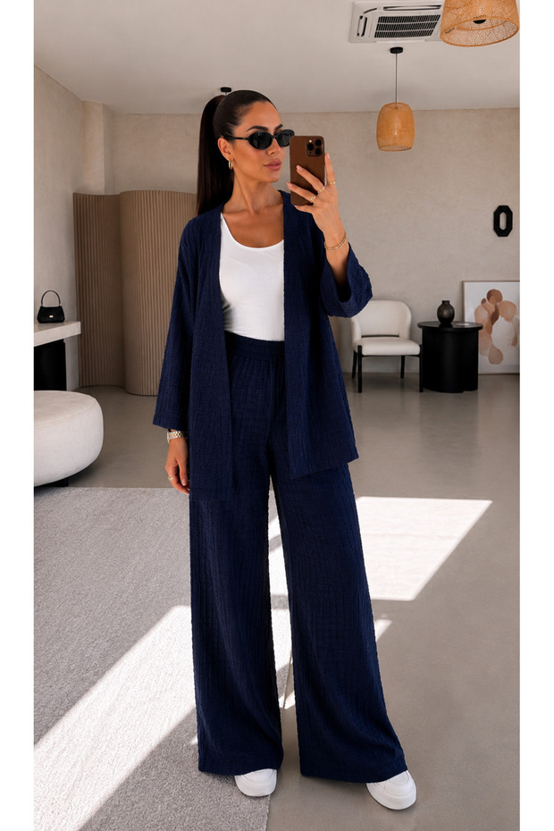 Navy Blue Textured Comfortable Cut Women's Two-Piece Set | Suitable for Daily Use, Office and Vacation Combination