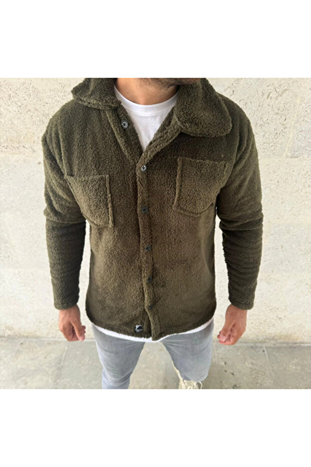Men's Plush Fleece Cardigan Shirt – Collared, Button-Down, Chest Pocket, Soft Textured Winter Regular Fit