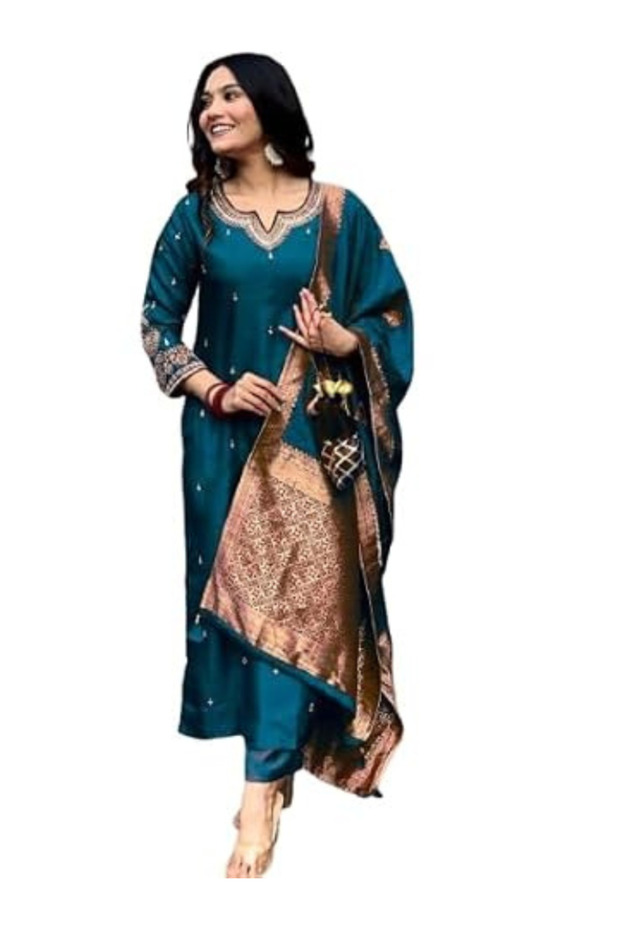 Teal Silk Blend Embroidered Kurta Set - TRT1206 | Teal-Size:L-40-Inches
