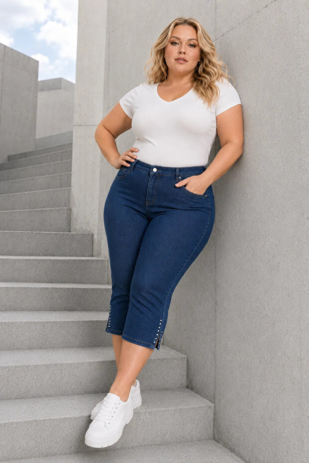 Women's Plus Size Summer Navy Blue Tencel Lycra Stone Detailed Capri Bermuda Jeans