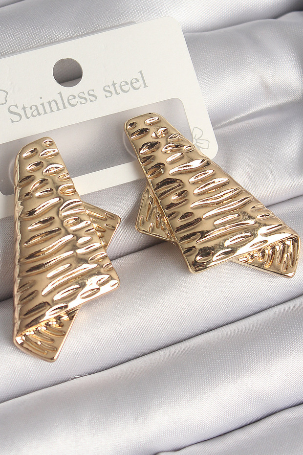 Brass Gold Color Processing Detailed Folded Square Plate Model Women's Earrings