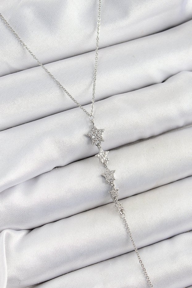 Brass Zircon Stone Row Star Figure Y Model Silver Color Women's Necklace