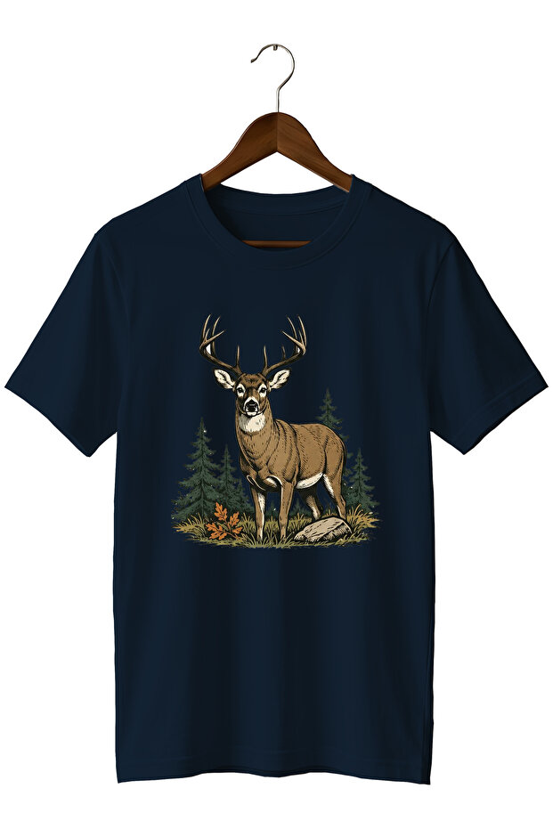 Deer Printed Unisex T-Shirt – Hunter Outdoor Nature Camping Themed Crew Neck Regular Fit