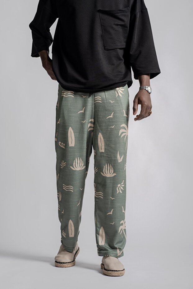 Elastic Waist Pipe Leg Patterned Trousers