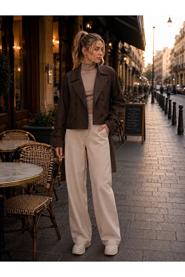 Women's Oversize Short Trench Coat Jacket Stylish Seasonal Comfortable Fit Short Double-Breasted Jacket