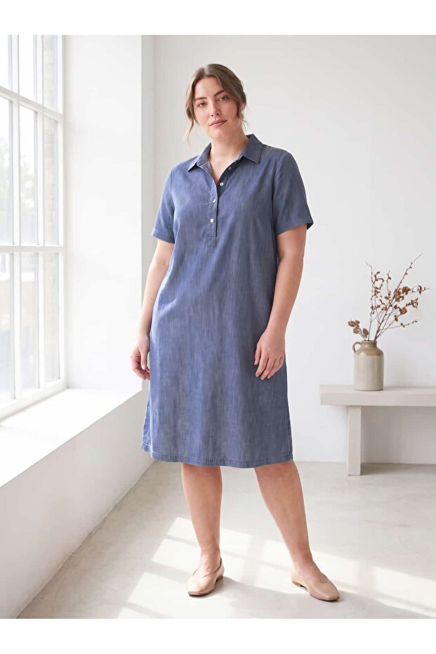 Women's Plus Size Shirt Dress Tencel Short Sleeve Buttoned Summer Navy Blue