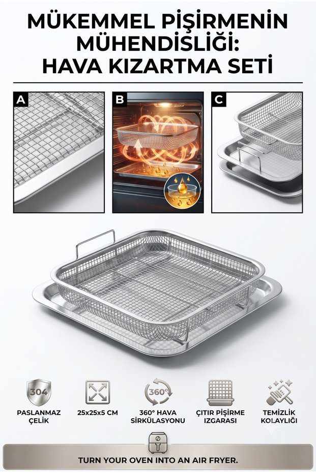 Oven Airfryer Basket and Drip Tray Set Oven Tray Air Fryer Basket Oven Type Crispy Vegetable Chicken French Fries Rack 25X25 cm 304 Stainless Steel Inox 723429