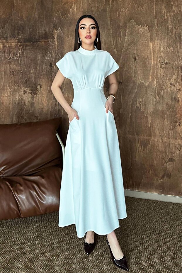 Women's White Maxi Dress with Stand Collar, Gathered Short Sleeves, Pockets, Lined