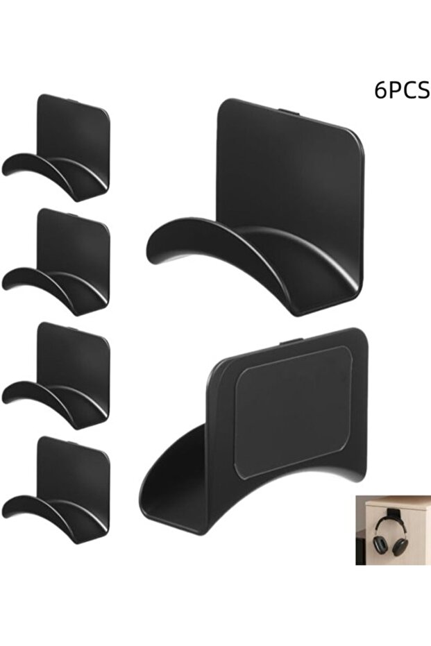 6-Pack Black Wall-Mounted Plastic Headphone Stand Holders, Self-Adhesive Gaming Headset Mounts (9x6.5x3.3cm)