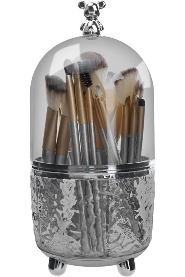 360° Rotatable Gray Makeup Organizer with 6 Compartments & Bear-Shaped Lid