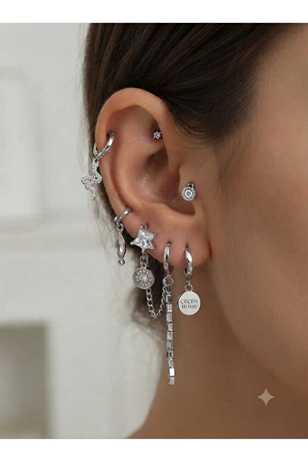 Multi-Figured Sparkling Zircon Stone Earring Combination Collection, Eye-Catching Steel Jewelry Models and Trendy Accessories Special Design