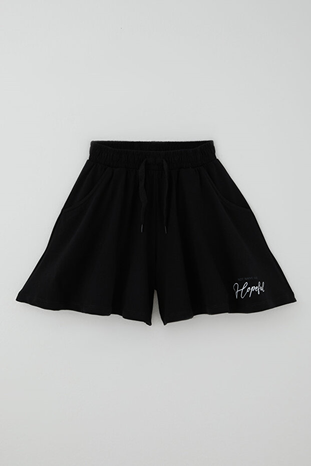 Girl's Comfortable Cut Wide Leg Shorts with Text Print, Ages 6-12, Black