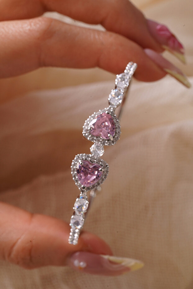 Pink Heart Princess Model Silver Color Handcuff Bracelet