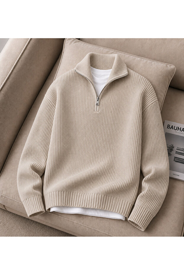 Men's Premium Ribbed Knit Sweater with Half Zipper, Comfortable Fit