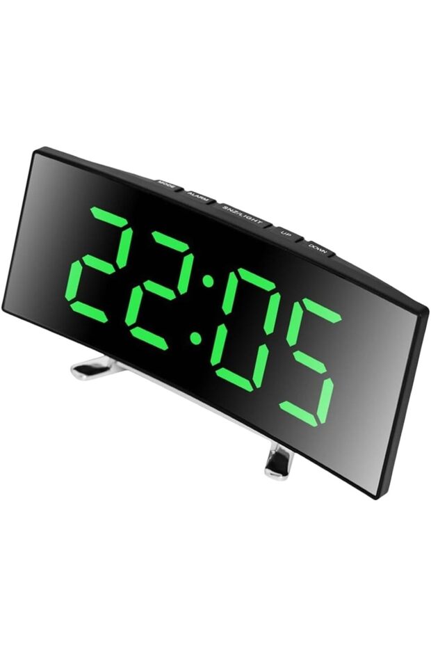 LED Curved Digital Alarm Clock USB Battery Powered Temp Display Snooze Night Mode Silent Modern Desktop Electronic Clock Green