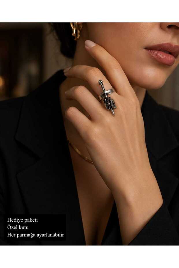 Gothic Sword and Knight Armor Motif Silver Color Adjustable Women's Ring