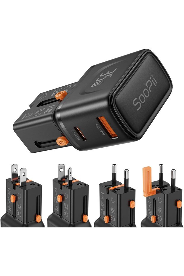 Gan USB C Charger 35W, 2 Port PD PPS QC Universal Travel Adapter, All-in-One Travel Charger with US UK EU AU Plug Adapter for for Galaxy S25/S24/Note 20, iPhone 16/15/14, iPad, Pixel and More