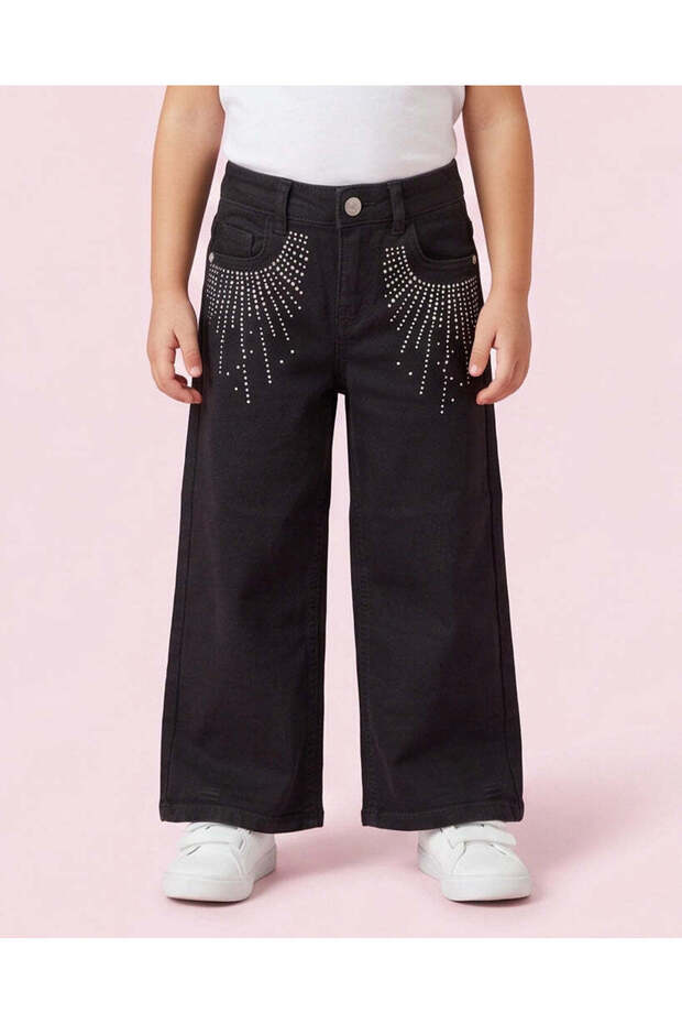 Girls Black Studded Wide Leg Jeans
