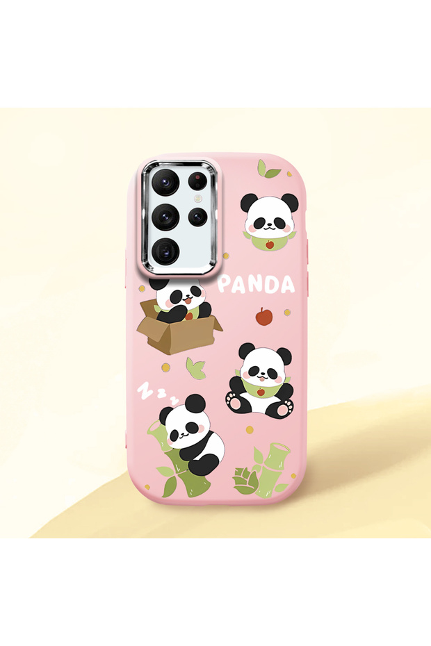 Samsung Galaxy S22 Ultra Compatible Case Camera Protector Pink Silicone Couple Phone Case Panda Pattern
