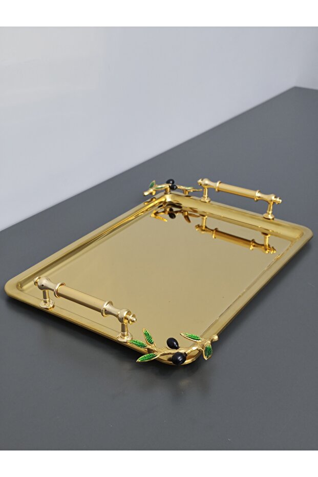 Figured, Metal-Handled, Stainless Steel Rectangular Tray Luxury Presentation Tray North Gold