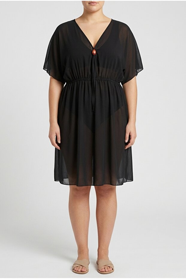 Black V-Neck Wood Bead Detailed Gathered Waist Bat Sleeve Lightweight Chiffon Pareo