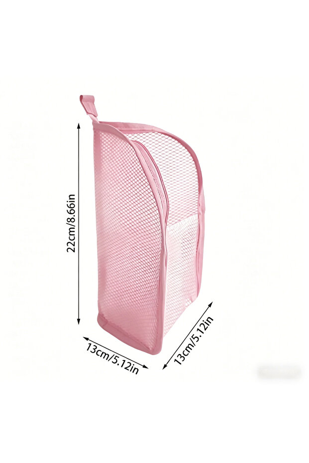 Pink Portable Mesh Standing Toiletry Bag, Lightweight Foldable Clear Hanging Travel Organiser for To