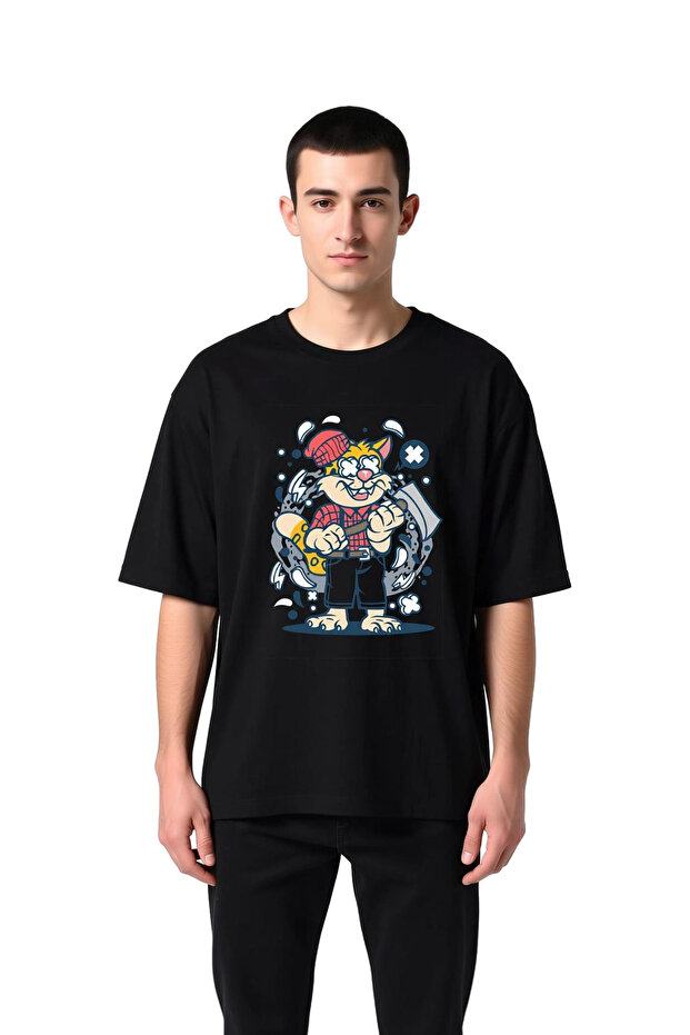 Crazy Cat Character Printed Men's Oversize T-Shirt