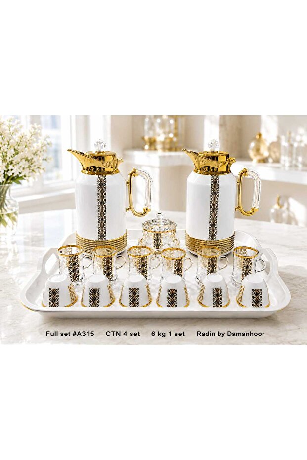 22 Pieces Arabic Tea & Coffee Set with 2 Thermos Flasks, 6 Tea Cups, 6 Saucers, 6 Arabic Qahwa Cups, Serving Tray & Sugar Bowl with Lid | Luxury Arabic Hospitality Serving Set