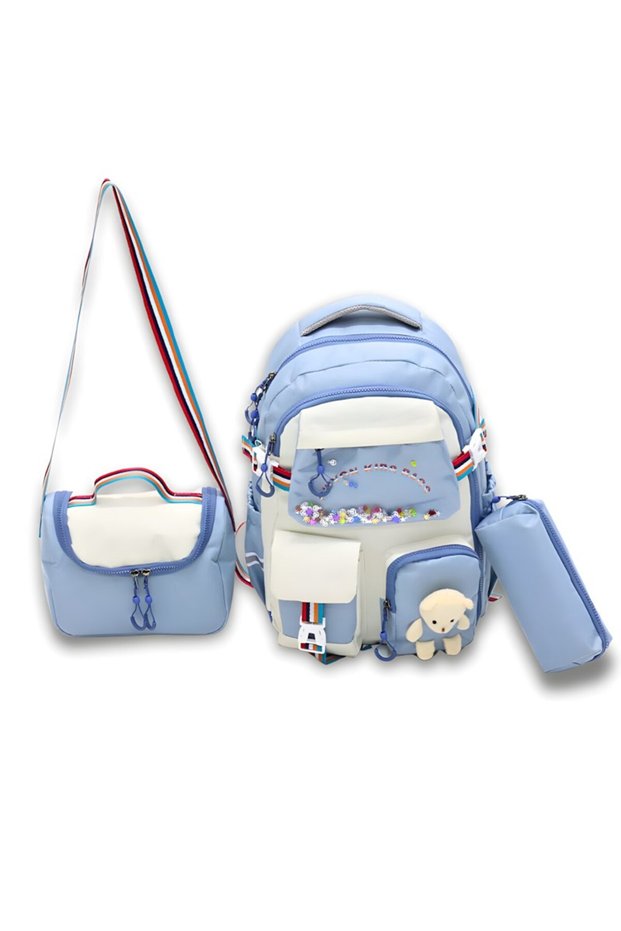 Girl's 3-Piece Primary School Bag Set with Lunch and Pen Holder, Blue with Plush Accessories