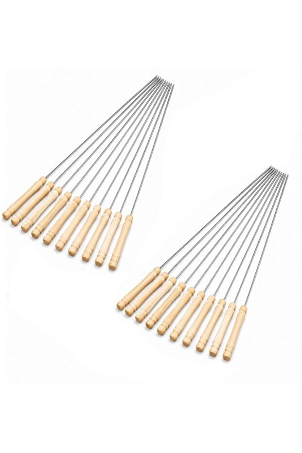 20 BBQ skewers, stainless steel with wooden handle, suitable for camping, silver.
