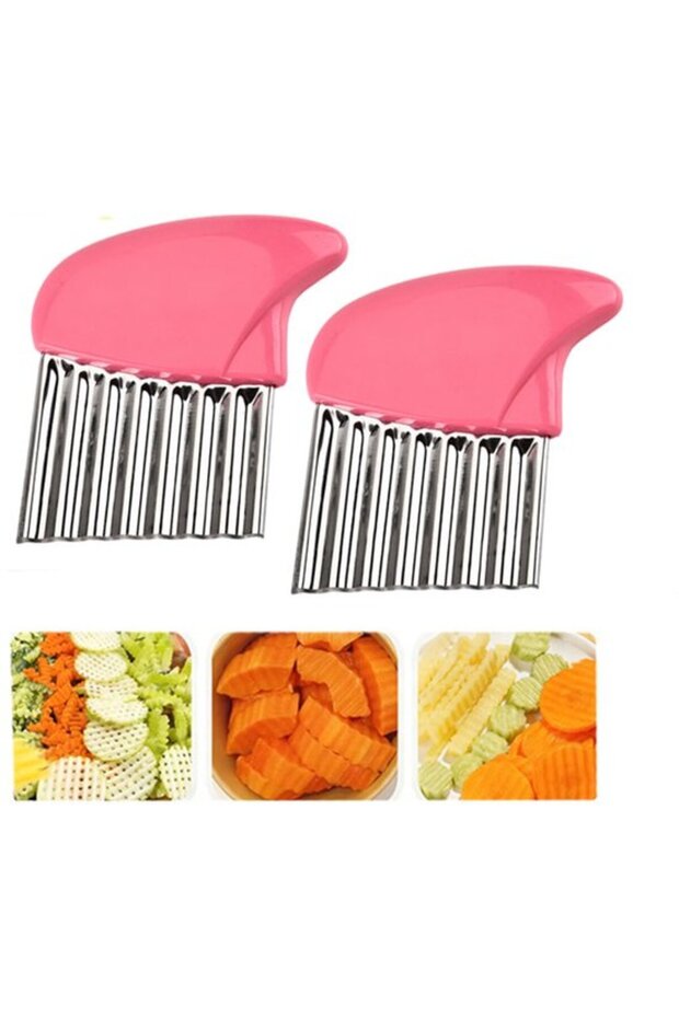 Two-piece wavy knife set, stainless steel, suitable for French fries and vegetables, pink.