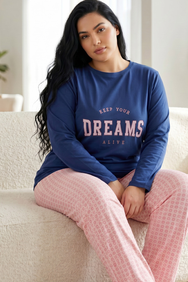 Indigo Patterned Cotton Lycra Large Size Oversized Knitted Pajama Set26240924