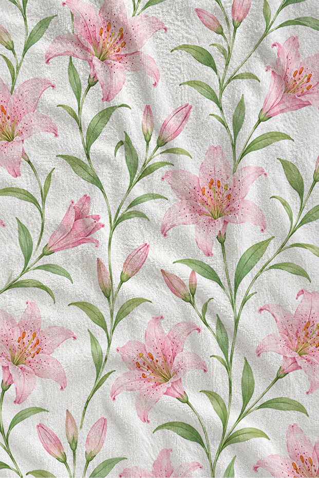Pastel Pink Tulip and Leaf Patterned 70X150 Beach Towel - Digital Printed Fade-Resistant Bath Towel