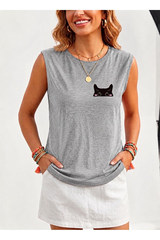 Cat Printed Women's Regular Fit Crew Neck Sports Sleeveless T-Shirt