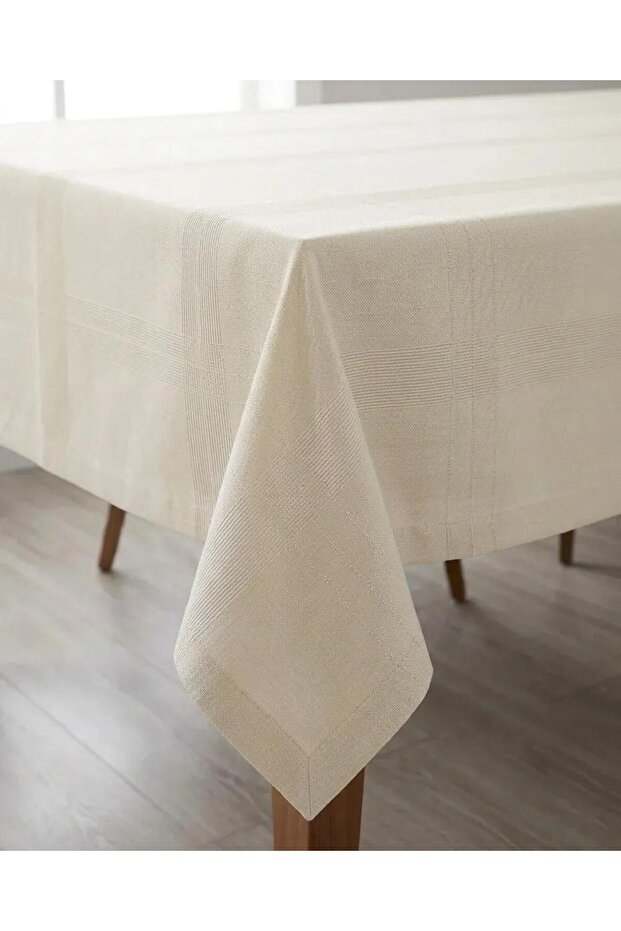 Etuval Fulya Model Luxury Seamless Cream Tablecloth | Stain-Resistant Linen Textured | Stylish Living Room Dining Table Cover