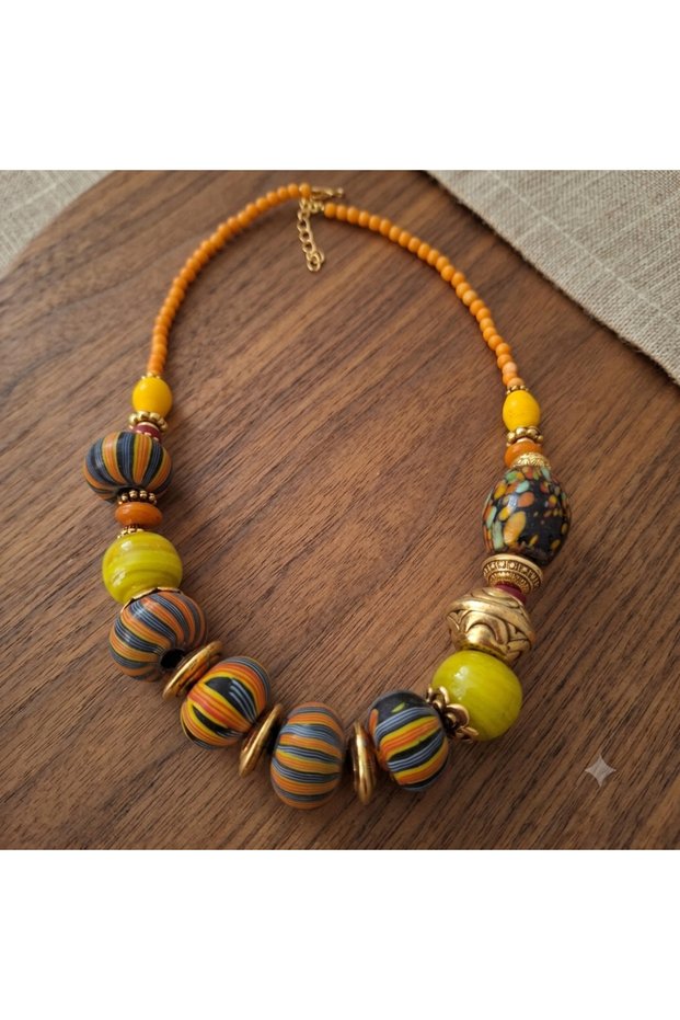 Handmade Authentic Bohemian Yellow, Orange and Colorful Short Women's Necklace
