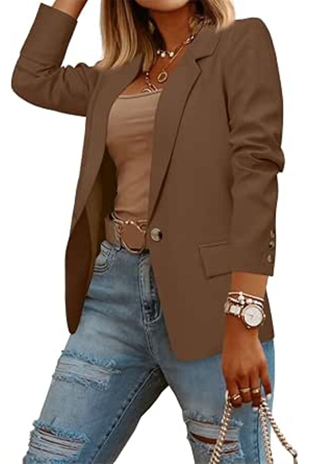 سترة نسائية كاجوال من كريزي جريد بأكمام طويلة وتصميم مفتوح من الأمام، مثالية للعمل والمكتب، مع ياقة عريضة وأزرار.