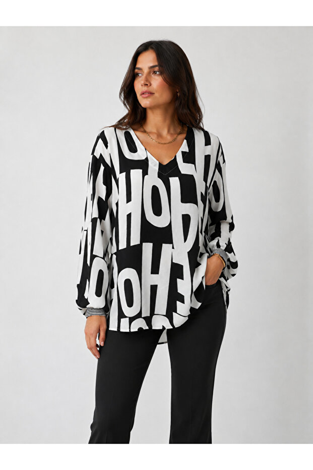 V-Neck Black and White Graphic Printed Relaxed Fit Women's Blouse