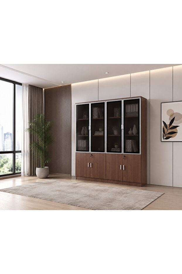 Wooden File Cabinet with 4 Doors, Light Brown