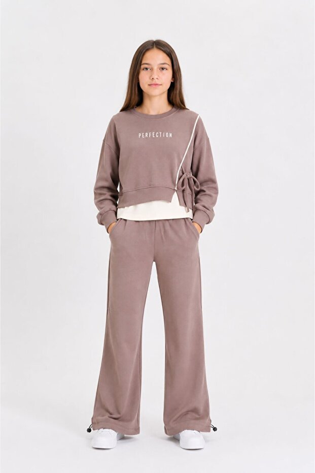 Brown Girls' Garnished Sweatshirt and Elastic Cuffed Sweatpants 2-Piece Set 24767