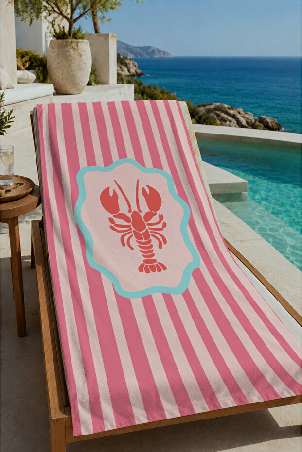 Pink and White Striped Lobster Patterned 70X150 Beach Towel - Digital Printed Fade-Resistant Bath Towel