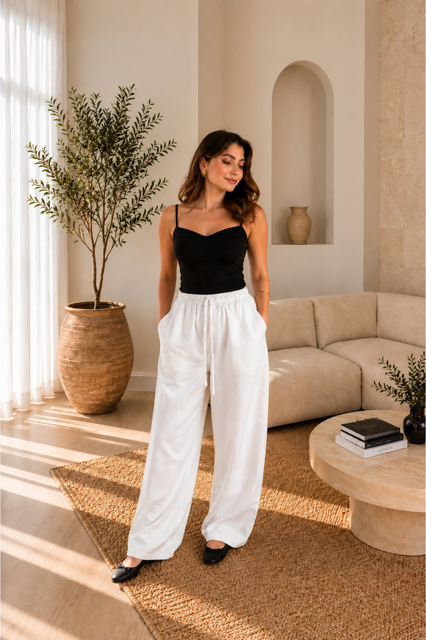 Women's White Linen Blended Loose Fitting Trousers