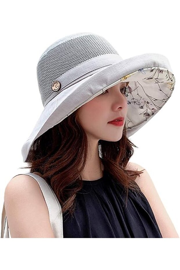 Summer mesh cap wide brim UV adjustable chin strap beach.