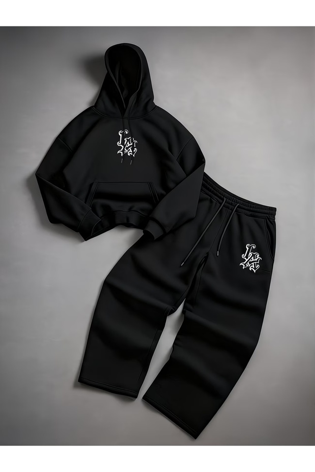 Unisex Men's Women's La Printed Oversize 3 Thread Hooded Baggy Bottom Tracksuit Set
