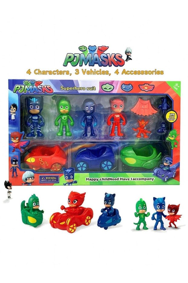 PJ 10PCS Action Figure Set for Kids – 4 Characters, 3 Vehicles & 4 Accessories | Superhero Catboy, Owlette, Gekko Figures with Cars | Pretend Play Hero Toy Set for Boys & Girls | Kids Superhe