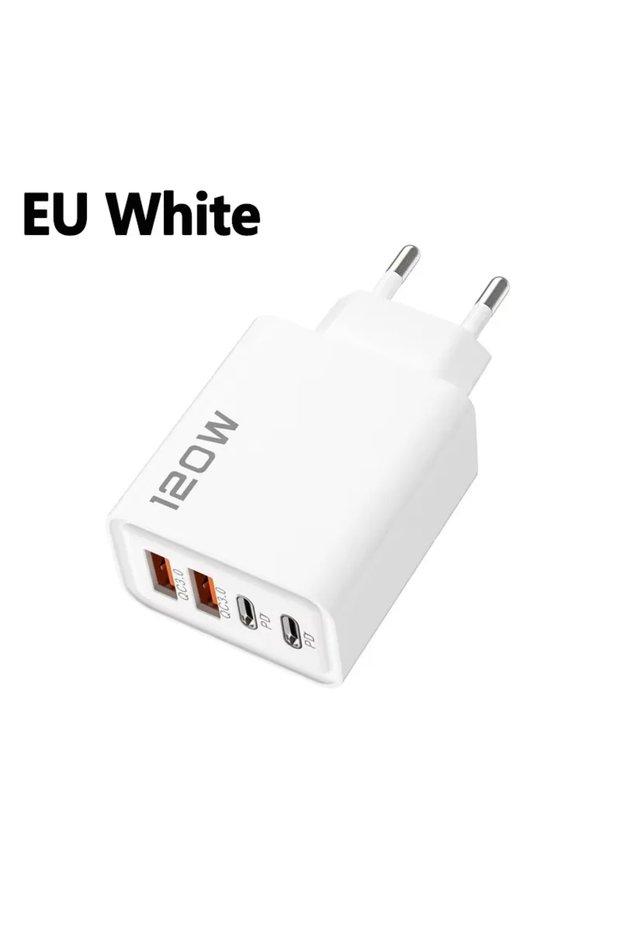 EU White 4 Ports 120W Charger 2-USB 2-PD Quick Wall Charger Type-C USB Phone Charger Super Fast Char