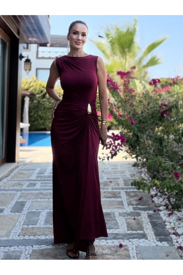 Burgundy Side Gathered Dress with Shoulder and Waist Buckles
