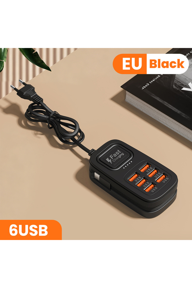 6U Black EU 6 in 1 USB Charger PD Type C Fast Charging Wall Chargers Extension Type C Cable Socket E